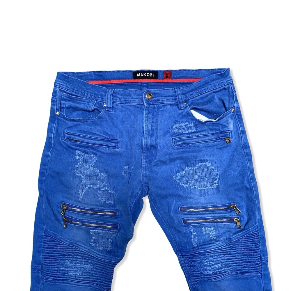 Makobi Biker Moto Jeans Blue Distressed Zip Pocket Skinny Denim 36x32 - Picture 3 of 11